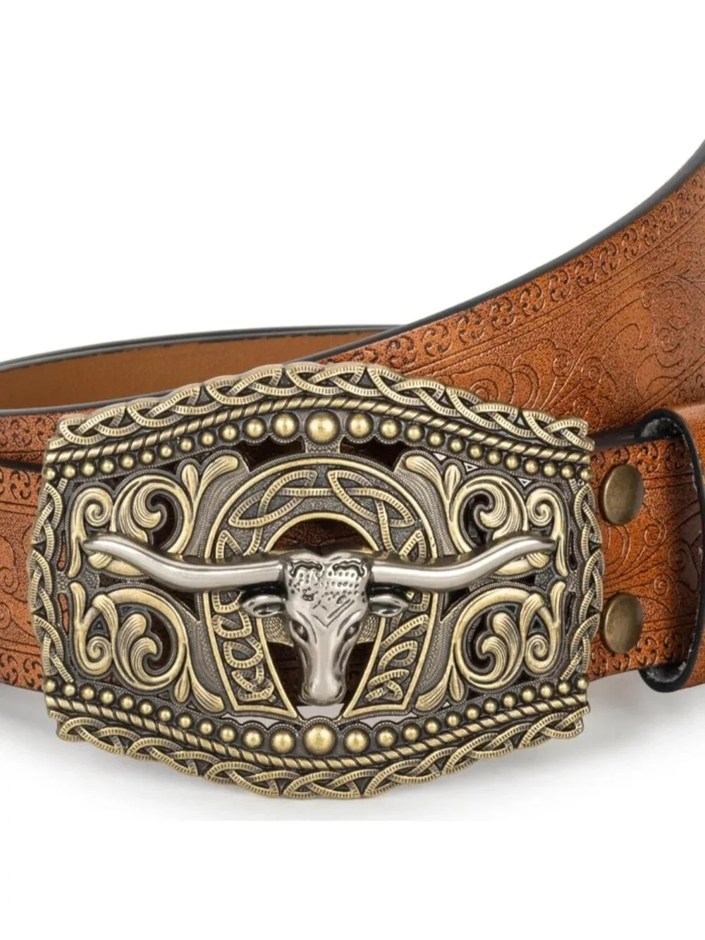 Women's Brown 3 Western Pu Leather Longhorn Bull Turquoise Embossed Buckle Belt